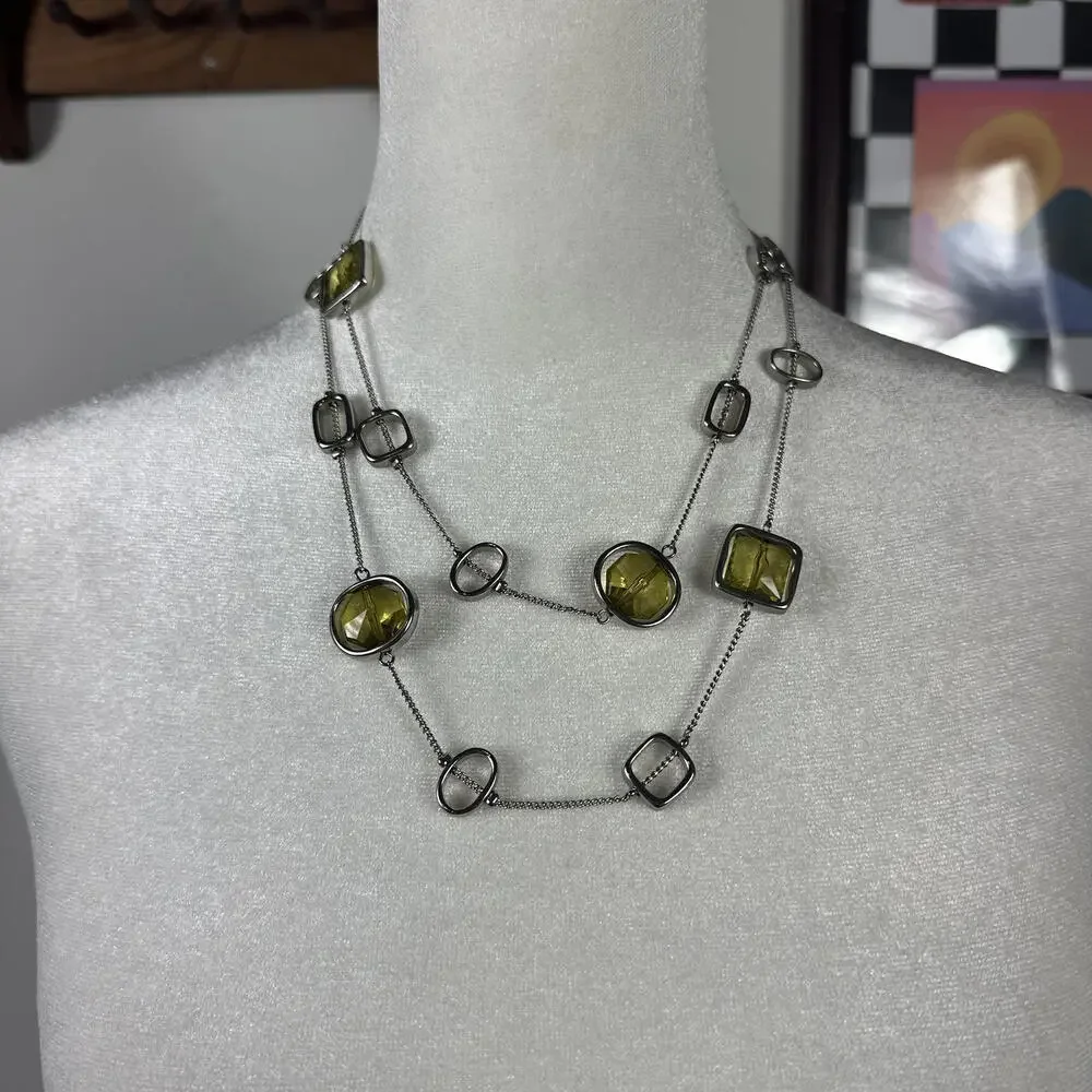 Lia Sophia Silver Tone Retro Style Long Necklace‎ with Yellow Rotating Gems